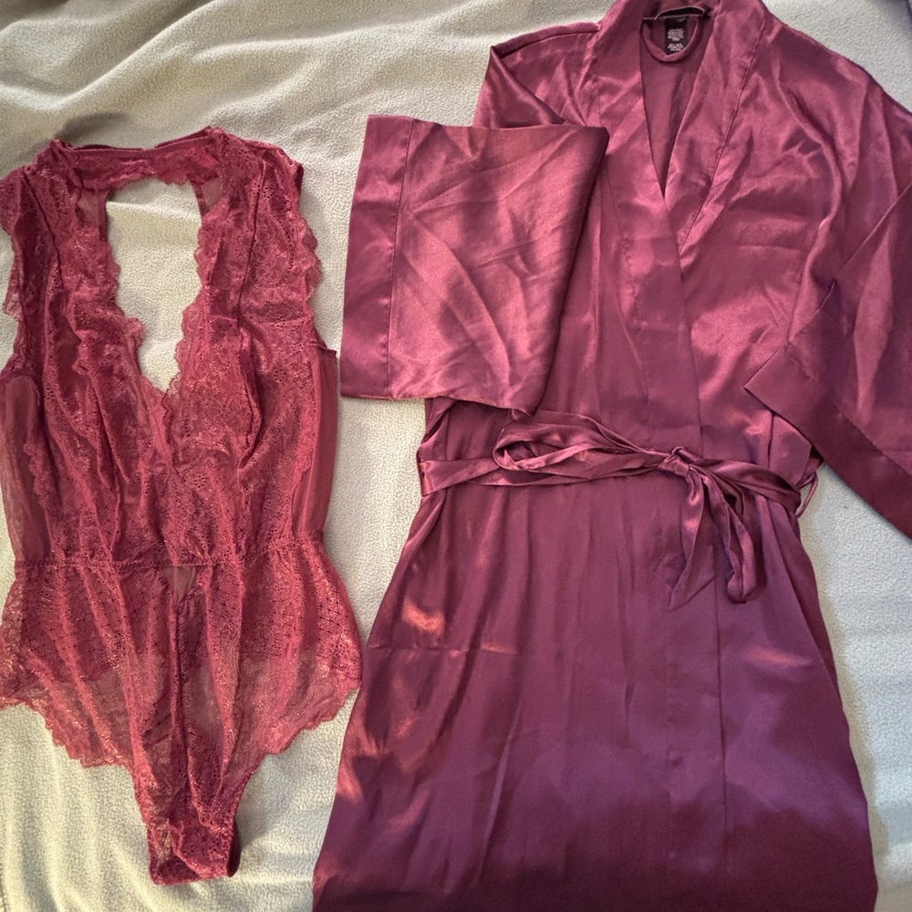 Victoria's Secret Satin and Lace Teddy/Robe Set in Deep Pink